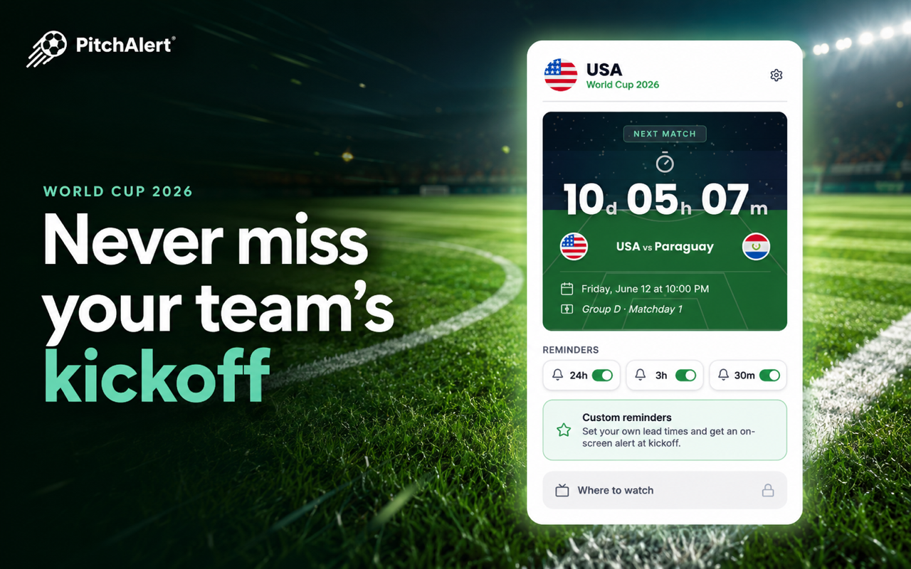 PitchAlert — main countdown screen showing the next match