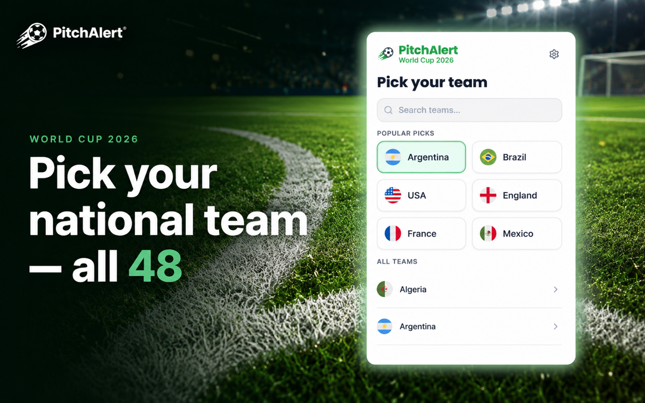 PitchAlert — team picker with all 48 World Cup teams