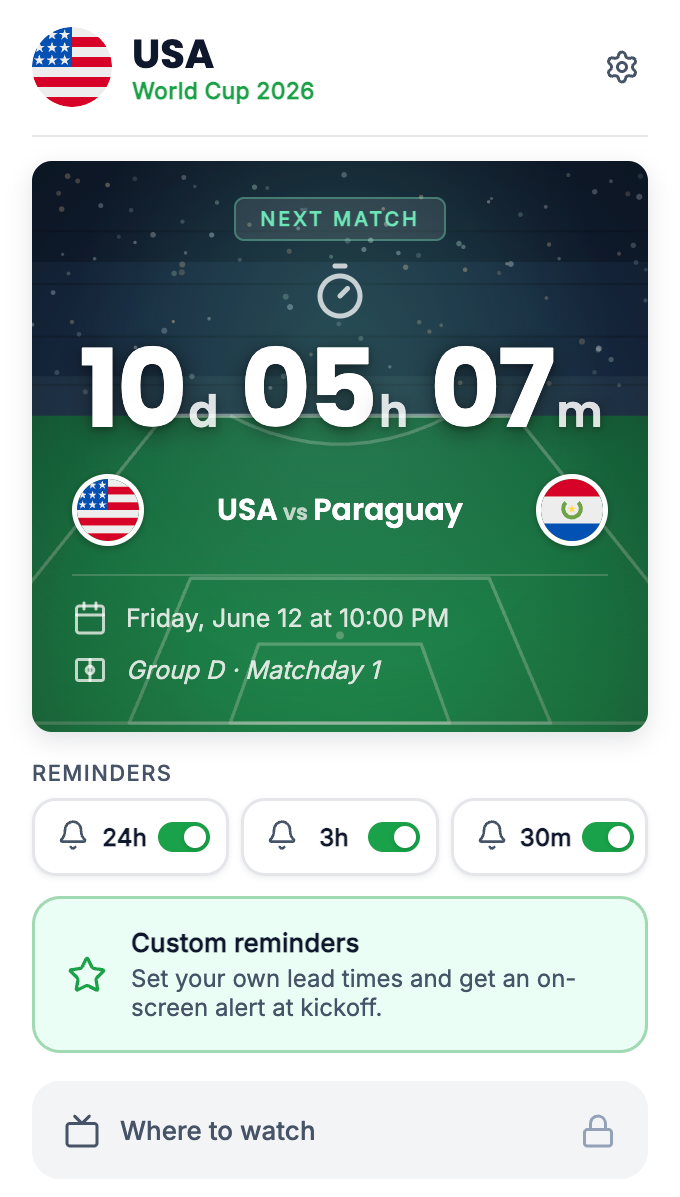 PitchAlert countdown screen showing live timer to the next USA match