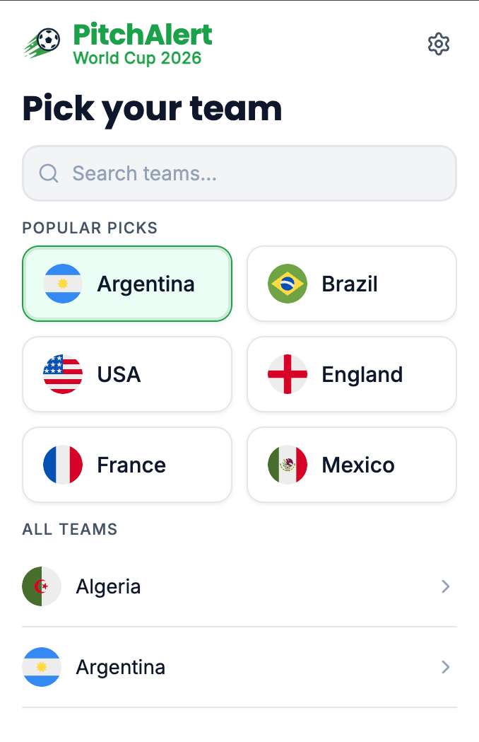 PitchAlert team picker screen showing all 48 World Cup teams
