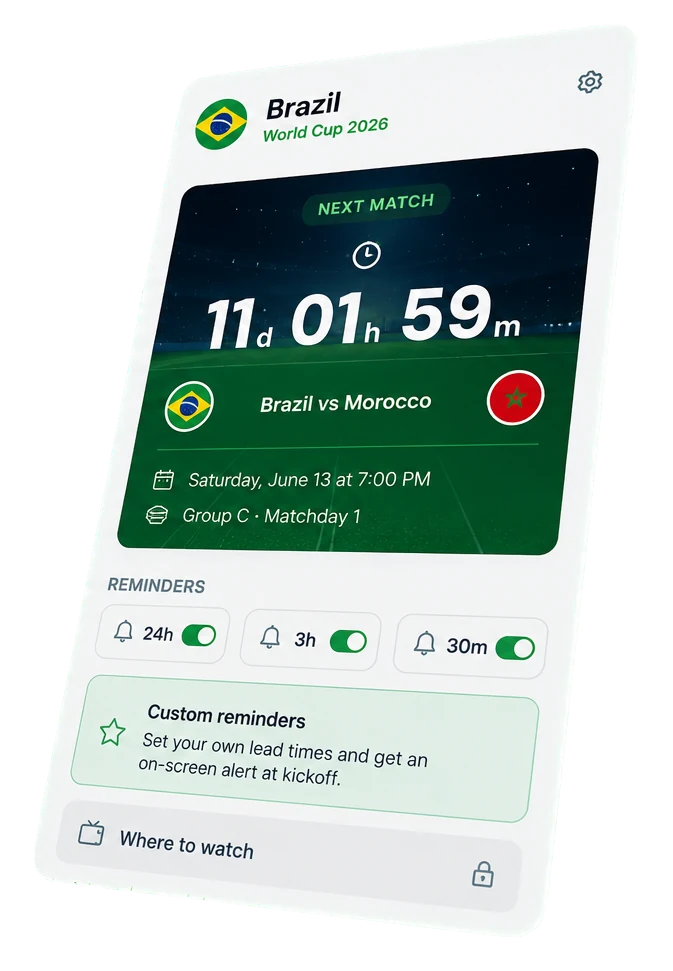 PitchAlert extension popup showing a countdown to the Brazil match with live timer and reminder toggles